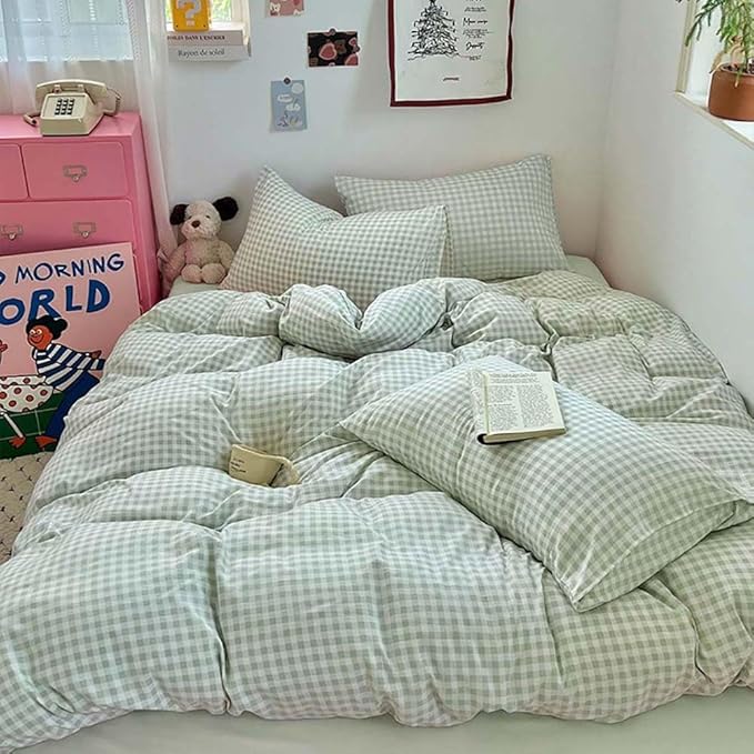 Nayoroom Green Gingham Duvet Cover Twin Size Plaid Dorm Bedding Set 2 Pieces Grid Checkered Duvet Cover with 1 Pillowcase, Soft Breathable Washed Microfiber
