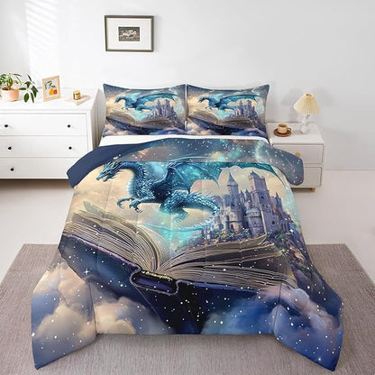 3D Dragon Bedding Set Twin Size Funny Fantasy Book Pattern Comforter Set for Kids Teens Room Decor Mid-Century Castle Duvet Insert Western Wild Animal Down Comforter Set,2Pcs
