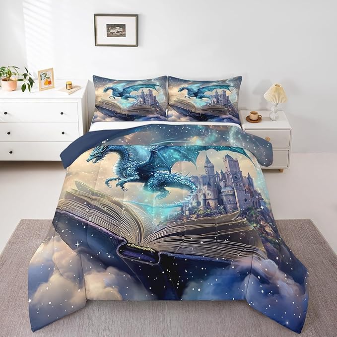 3D Dragon Bedding Set King Size Funny Fantasy Book Pattern Comforter Set for Kids Teens Room Decor Mid-Century Castle Duvet Insert Western Wild Animal Down Comforter Set,3Pcs