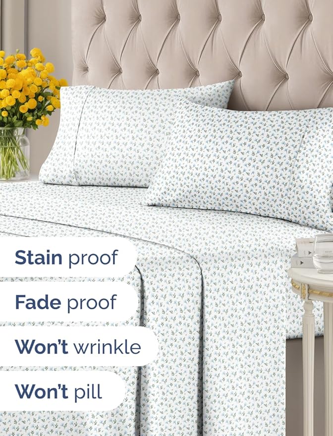 Floral Sheets - Flower Print Bed Sheet Set - 1 Flat, 1 Fitted & 1 Pillowcase w/ Deep Pockets - Comfy, Cozy, Wrinkle & Fade Free - Boho Botanical Bedding - Soft, Breathable & Cooling - Twin XL Size Set