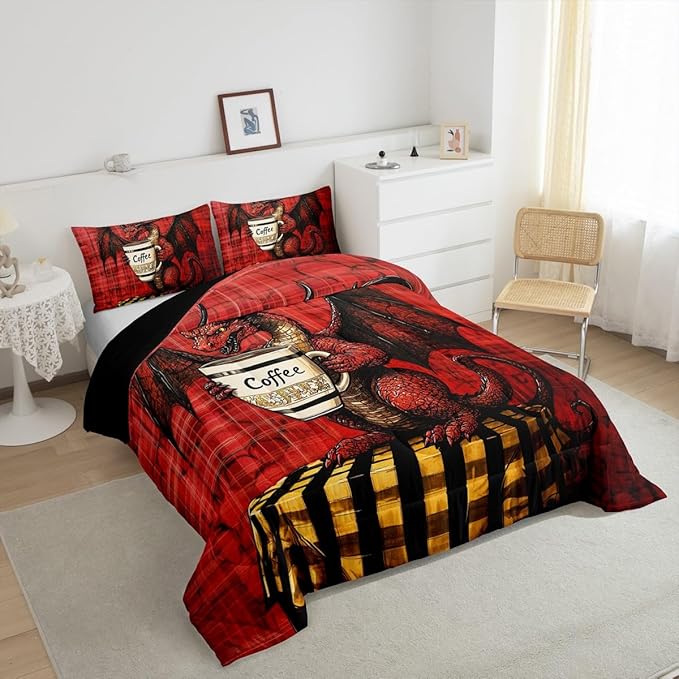 Feelyou Dragon Comforter Set King Size Dragon Stuff Comforter for Boys Girls Teens Wild Life Bedding Set Coffee Duvet Set Room Decor Red Quilt Set