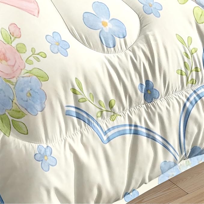 Teens Pink Blue Flowers 3-Piece Comforter Set for Girls, King Size Pink Bow Bedding Sets with Blue Floral, Bed Set for All Season Includes 1 Comforter 104"x90" and 2 Pillowcases