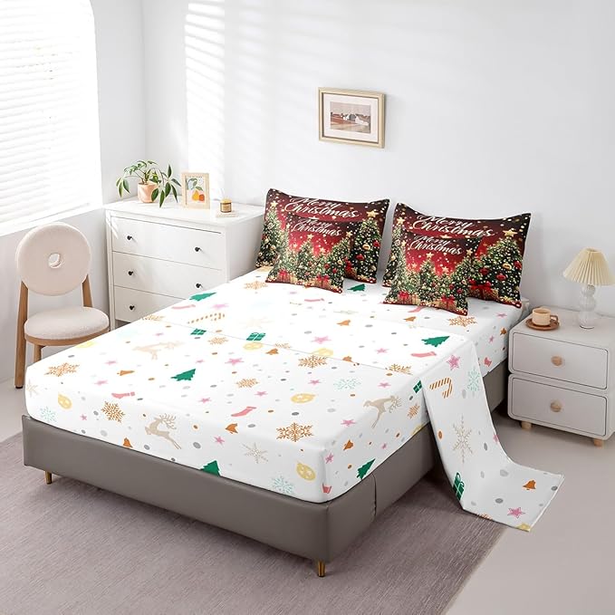 Castle Fairy Boys Girls Kids Xmas Trees Comforter Set 7 Pieces Reversible Bed Set,Happy New Year Bedding Bed in a Bag Soft,Queen (1 Comforter,2 Pillowcase,2 Pillow Covers,1 Flat Sheet,1 Fitted Sheet)