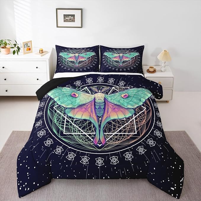 Erosebridal Moth Butterfly Bedding Set - King Size Gothic Decor Down Comforter & Duvet Set for Kids' Rooms - Navy Blue