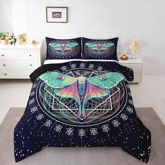 Erosebridal Moth Butterfly Bedding Full Size Gothic Decor Down Geometric Comforter Duvet Set for Kids Boys Girls Teens Room Dorm Decorative, Navy Blue