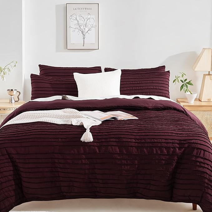 NEXHOME PRO Twin Duvet Cover, Pieces Boho Tufted Duvet Cover Set, Soft and Lightweight 100% Washed Microfiber Comforter Cover Set for All Season(Burgundy,66 x 90)-No Comforter