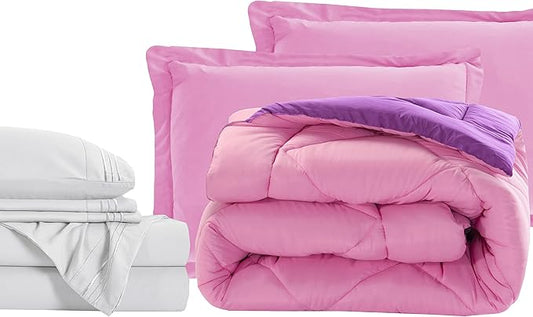 Elegant Comfort 7-Piece Bed-in-a-Bag Comforter & Sheet Set - Luxury 1500 Thread Count RV SHORT Size, Cozy Sheets and Comforter, Wrinkle and Stain Resistant, Pink/Purple