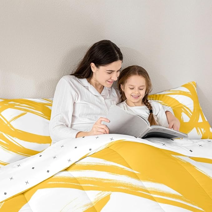 Erosebridal Yellow and White Striped King Bedding Set for Kids Teens Adults, Geometric Striped Comforter Set for Minimalists,Graffiti Aesthetic Lines Duvet Insert,Contemporary Boho Modern Art Quilt