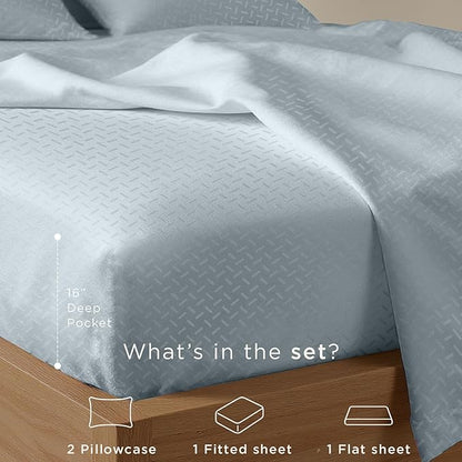 Threadmill Cotton Queen Sheet Set - 100% Cotton Damask Jacquard Sheets With 16" Deep Pocket - Soft Sateen Weave 4-Piece Cooling Bedding for Queen Size Bed - Blue