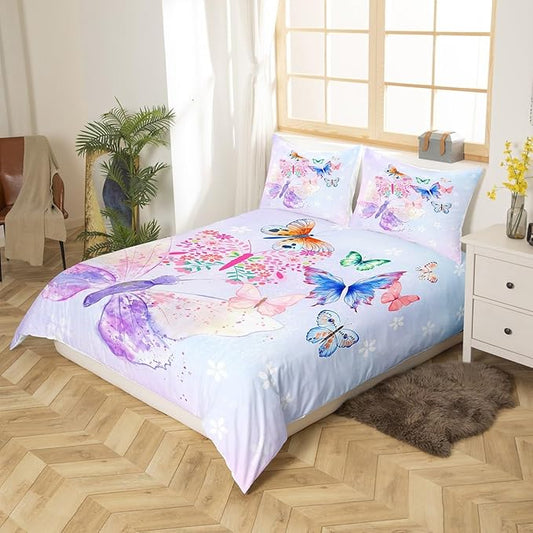 Purple Butterfly Bedding Set Kids Girls Butterflies Duvet Cover Set Daisy Flowers Comforter Cover Set Rustic Flying Animal Bedspread Cover Bedroom Quilt Cover Full with 2 Pillowcase,No Comforter