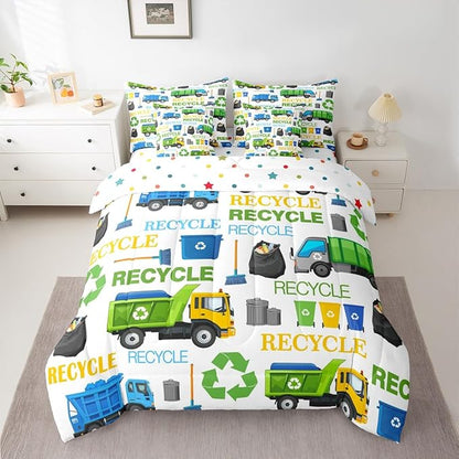Castle Fairy Garbage Truck Full Size Comforter Set Cartoon Car Vehicle Trash Can Bedding Sets Recycling Trucks Decor All Season Comforter,Flat Sheet,Fitted Sheet,2 Pillowcases,2 Pillow Covers,7 Pcs