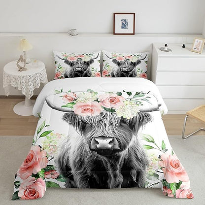 Feelyou Highland Cow Bedding Set Kids Rose Floral Bull Cattle Comforter Set for Girls Teens Western Wildlife Animal Comforter Farmhouse Duvet Set Room Decor Quilt Set Twin Size