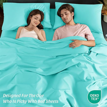 100% Egyptian Cotton Sheets 1200 Thread Count King Size Bedding Sets 4 Pcs, Fitted Sheet Up to 16" Deep Breathable All Seasons (King, Lake Green)