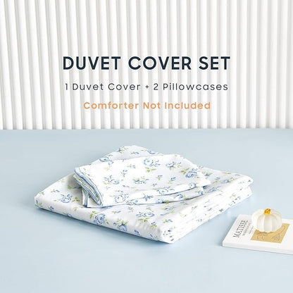 Wake In Cloud - Coquette Duvet Cover Set, Floral Cottagecore Flower Shabby Chic Cute Aesthetic, Soft Lightweight Bedding for Women Teen Girls, 3-Piece, White Blue, Queen Size