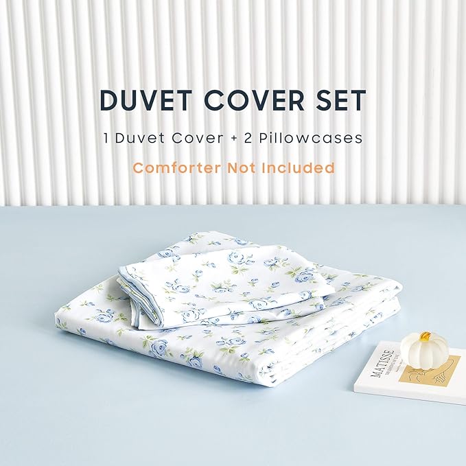 Wake In Cloud - Coquette Duvet Cover Set, Floral Cottagecore Flower Shabby Chic Cute Aesthetic, Soft Lightweight Bedding for Women Teen Girls, 3-Piece, White Blue, Twin/Twin XL Size