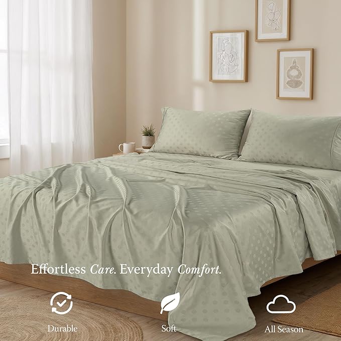 Threadmill Cotton Twin XL Sheet Set | 100% Cotton Sheets for Twin XL Size Bed | Damask Jacquard Sateen Twin XL Bed Sheets Set with 16” Deep Pocket | Soft Breathable 3 pc Cooling Sheet Set | Sage Green