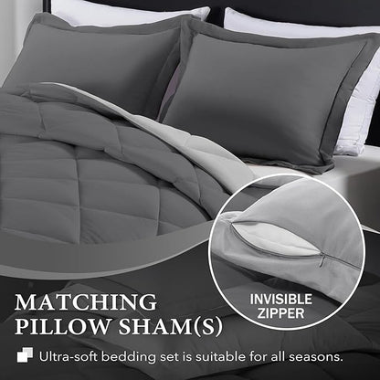 downluxe Full Size Comforter Set - Charcoal and Grey Full Comforter - Soft Bedding Sets for All Seasons -3- Piece Comforter Set Full with 2 Reversible Pillow Shams