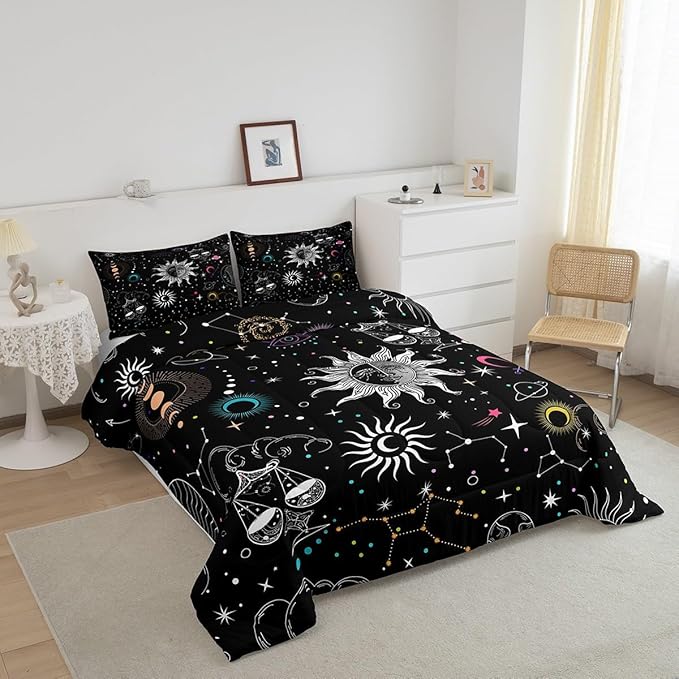 Bohemian Sun Moon Comforter Set Queen Trippy Stars Style Bedding Sets For Kids Teens Zodiac Libra Pattern Duvet Insert Universe Planet Bedding Boho Moon Phase Bedding Comforter Set Home Decor, Black