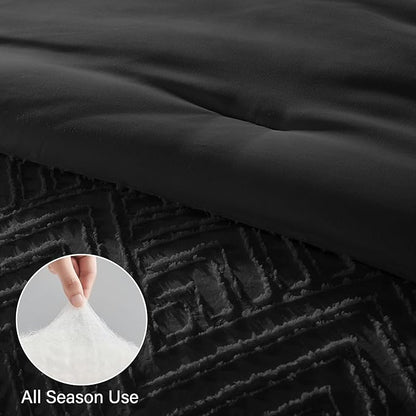 Zzlpp King Comforter Set 7 Pieces, Black Tufted Bed in a Bag with Comforter and Sheets, All Season Boho Bedding Sets with Comforter, 2 Pillow Shams, 2 Pillowcases, 1 Flat Sheet, 1 Fitted Sheet