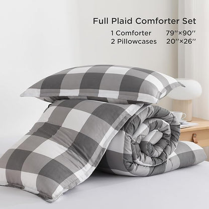 Andency Plaid Comforter Full(79x90Inch), Gray White Checkered Gingham Buffalo Bed Set for Boys Teens, Lightweight Bedding, 3 Pieces(1 Comforter & 2 Pillowcases)