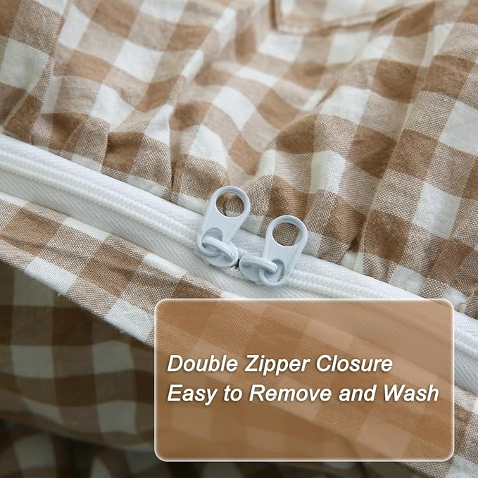 Taupe/White Plaid Ruffle Duvet Cover Twin Size,100% Washed Cotton 3 Pcs Vintage Checkered Chic Gingham Bedding Set Comforter Cover Set