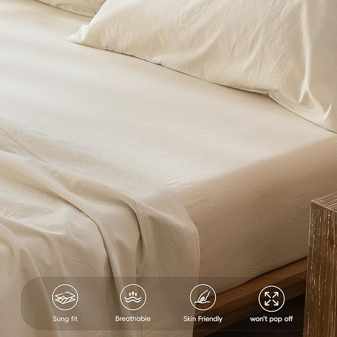 MooMee Fitted Bottom Sheet Only 100% Washed Cotton Linen Like Textured Breathable Durable Soft Comfy Deep Pocket Fits Mattress up to 17" (Almond Milk Grey, Twin)