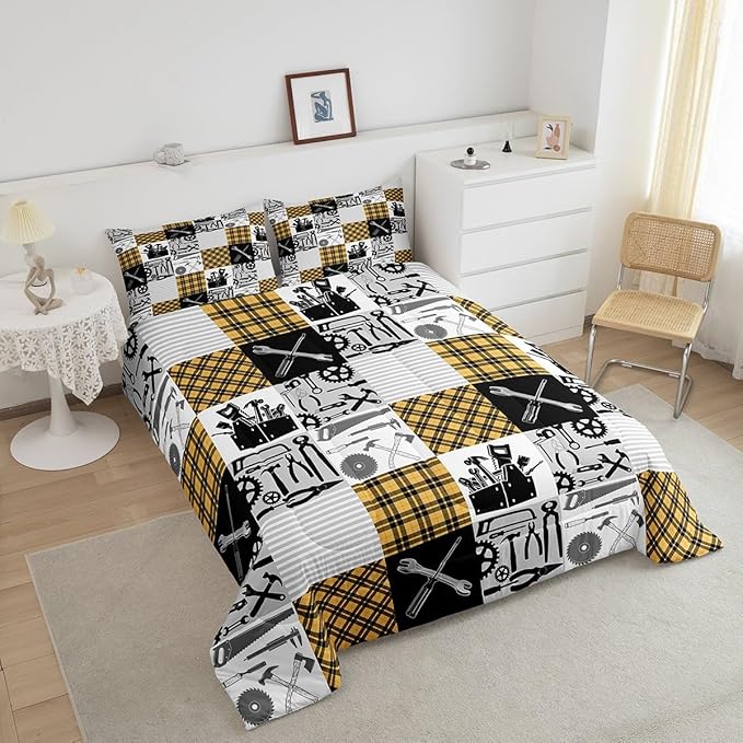 Kids Boys Car Comforter Set Wrench Repair Outfit Bedding Set Farmhouse Gingham Check Bedding Home Decor Yellow Gray Comforter Twin Size 2 Pieces Quilted Duvet Set with 1 Pillowcase