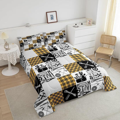 Kids Boys Car Comforter Set Wrench Repair Outfit Bedding Set Farmhouse Gingham Check Bedding Home Decor Yellow Gray Comforter Queen Size 3 Pieces Quilted Duvet Set with 2 Pillowcase