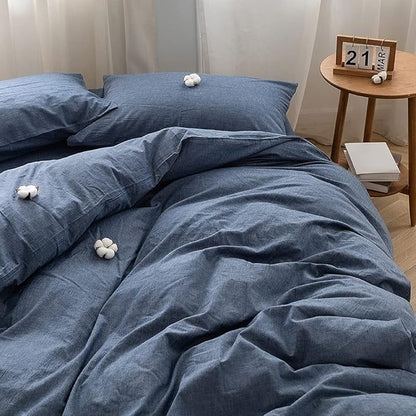 FACE TWO FACE Bedding Duvet Cover Set100% Washed Cotton Duvet Cover Linen Like Textured Breathable Durable Soft Comfy (Full, Navy Blue)
