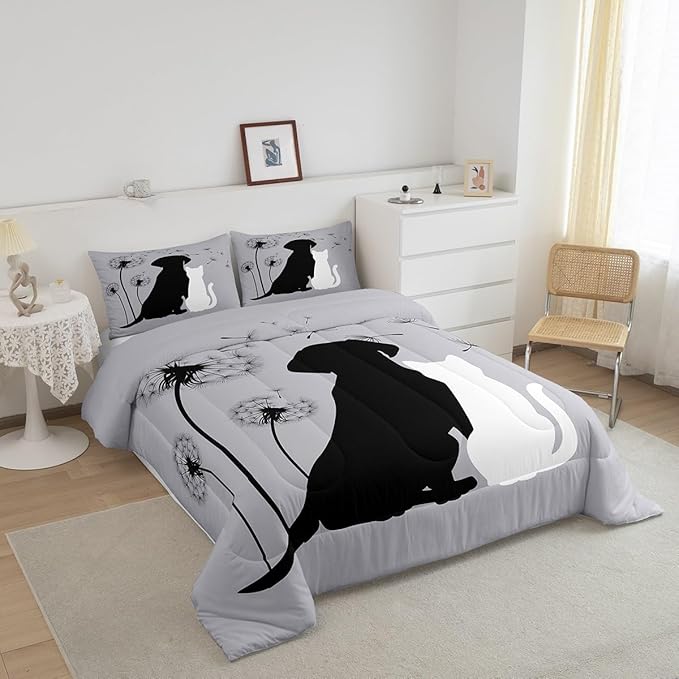 Erosebridal Couple Bedding Set King, Kawaii Cat Dog Comforter for Boys Girls Teens Adult, Cute Pet Aniamls Duvet Insert, Lovely Kitten Puppy Quilt Set, Dandelion Plants Floral Down Comforter, Gray