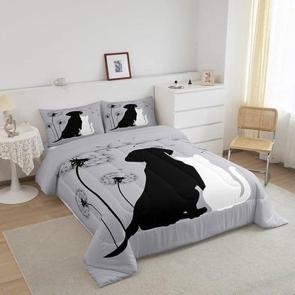 Cute Cat Dog Bedding Sets Twin, Kawaii Puppy Kitten Couple Comforter Set for Girls Boys Kids Teens, Dandelion Botanical Flowers Duvet Set, Cartoon Pet Animals Quilted Comforter with 2 Pillow Covers