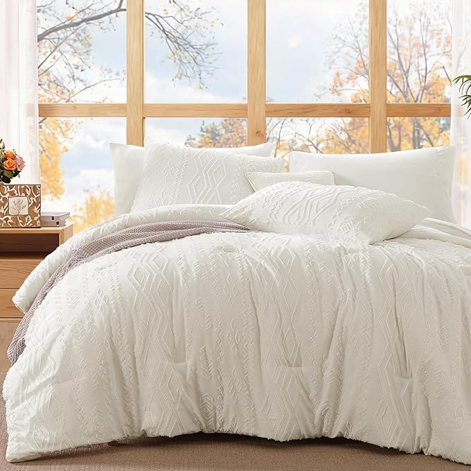 WRENSONGE King Size Comforter Set with Sheets - 7 Pieces White Tufted Bed in a Bag King Shabby Chic Bedding Sets with 1 Comforter, 2 Sheets, 2 Pillowcases & 2 Shams
