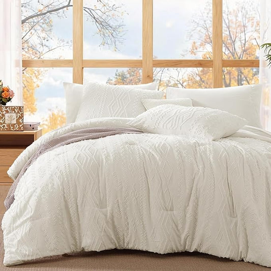 WRENSONGE Queen Comforter Set with Sheets - 7 Pieces White Tufted Bed in a Bag Queen Shabby Chic Bedding Sets with 1 Comforter, 2 Sheets, 2 Pillowcases & 2 Shams