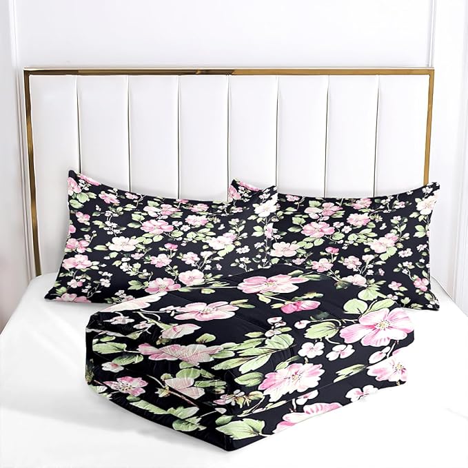 3Pcs Vintage Black Pink Botanical Flowers Comforter Set for All Seasons, Cottage Flowers Leaves Pattern Bedding Set King Size for Girls Adults, 1 Comforter (104" x 90"), 2 Pillowcases