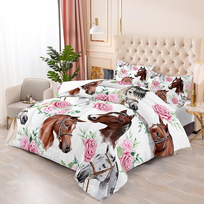 Horse and Flower Comforter Set for Girls Kids Horse and Floral 3 Piece Bedding Set King Floral Lightweight Comforter Down Alternative with 2 Pillowcases All Seasons