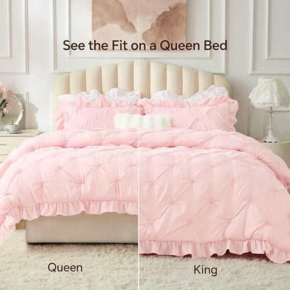 BEDELITE Baby Pink Twin Comforter Set - 2 Peices Boho Ruffle Pintuck Bedding Comforter Sets, Lightweight Soft & Warm Twin Bedding Sets with 1 Pillowcase for All Season