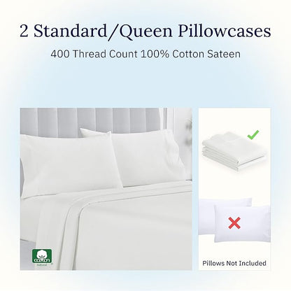 California Design Den Standard Queen Size Pillowcase Set - 400 Thread Count, 100% Cotton Sateen, Set of 2 Pillow Covers, Soft and Breathable - Ivory (Pale Tone)