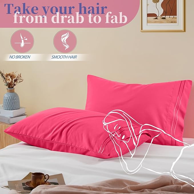 Vonty 2 Pack Queen Pillow Cases - 20x30 Inch, 1800 Thread Count Microfiber Pillowcases Queen Size Hot Pink Luxury & Soft Embroidered Bed Pillow Covers with Envelope Closure