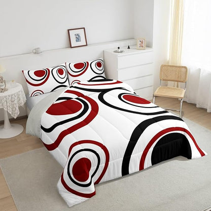 Erosebridal Red Black Circles Twin Bedding Sets for Adult Women Men Striped Abstract Comforter Set Modern Geometric Quilt Duvet Set Minimalism Lines Boho Simple Art Bedding Collections