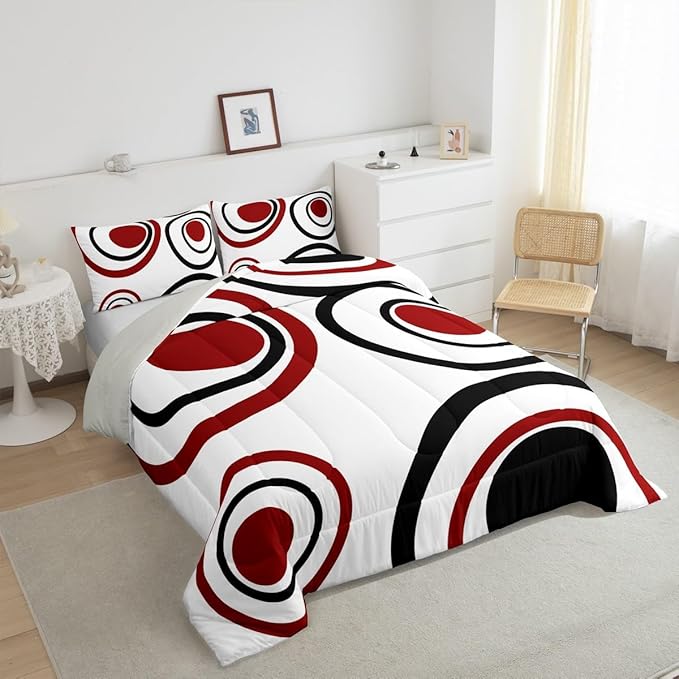 Erosebridal Red Black Circles Bedding Set Full Size Striped Abstract Comforter Set for Adult Women Men Modern Geometric Bed Sets Minimalism Lines Boho Simple Art Duvet Quilt Sets