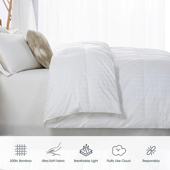 Blue Ridge Home Fashions 500 Thread Count Cotton Damask Duraloft Striped Down Alternative Lightweight Duvet Bed Comforter, Full/Queen, White