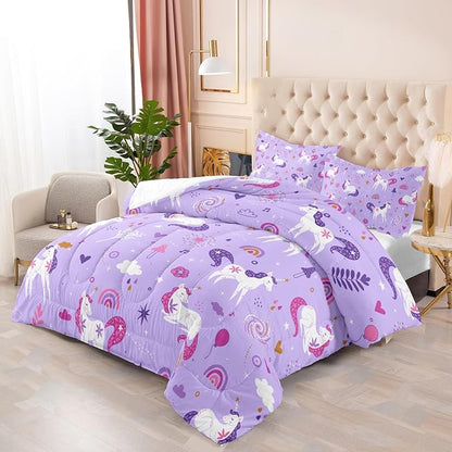 Unicorn 3-Piece Bedding Set for Girls - Violet, 3 Pieces: 1 Comforter, 2 Pillowcases - Rainbow Clouds Star Quilt Set - All Seasons