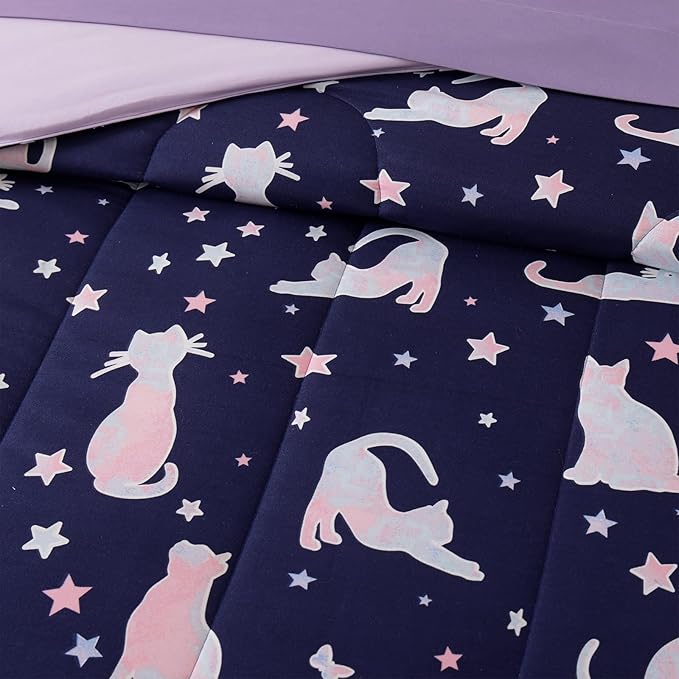 Twin Comforter Set for Girls-5 Pieces Cute Cat Twin Bedding Sets for Kids, Ultra Soft Bed in A Bag with Sheets