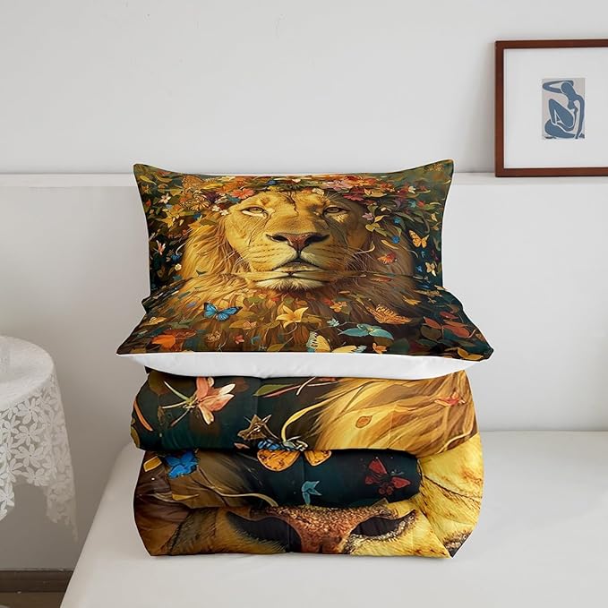 Castle Fairy Wild Lion Bedding Set King Size Spring Flowers Comforter for Child Toddler Teens African Lion Animal Down Comforter Watercolor Butterfly Duvet Insert Bedroom Decor with 2 Pillowcases