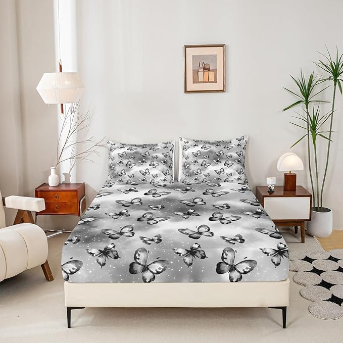Erosebridal Butterfly Fitted Sheet for Boys Girls Kids Dreamy Coquette Twin Bed Sheets,Watercolor Gradient Grey Butterfly Sheets Galaxy Stars Print Bedding Sets, No Top Sheet