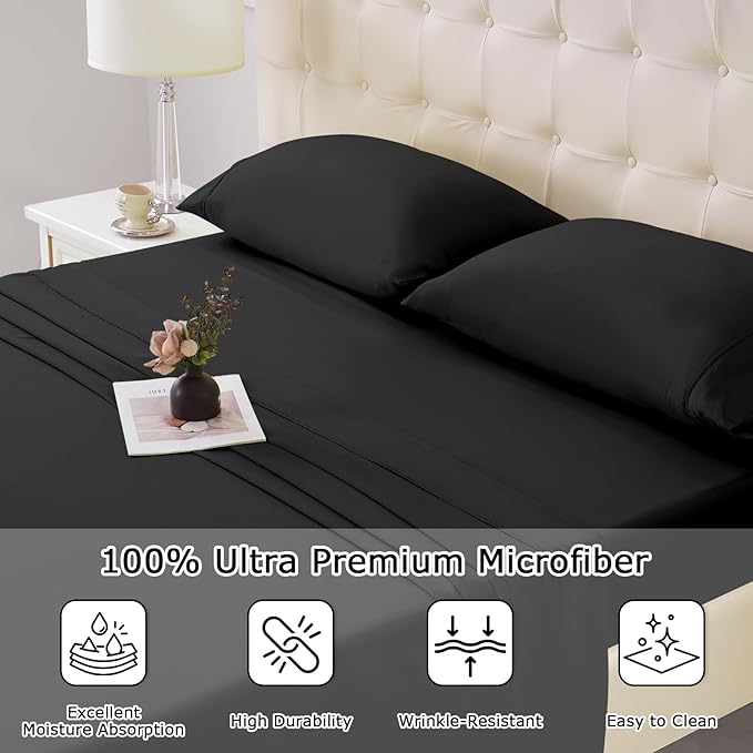 California King Size Bed Sheet Set - 4 Piece Soft Microfiber Sheets with Deep Pockets, Cooling Technology, and Wrinkle-Free Pillowcase. Hotel-Quality, Durable Bedding, Black