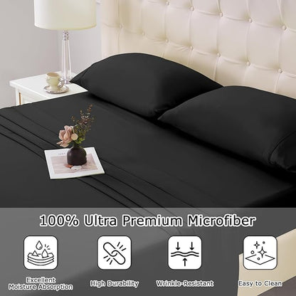 Queen Size Bed Sheet Set - 4 Piece Soft Microfiber Sheets with Deep Pockets, Cooling Technology, and Wrinkle-Free Pillowcase. Hotel-Quality, Durable Bedding, Black