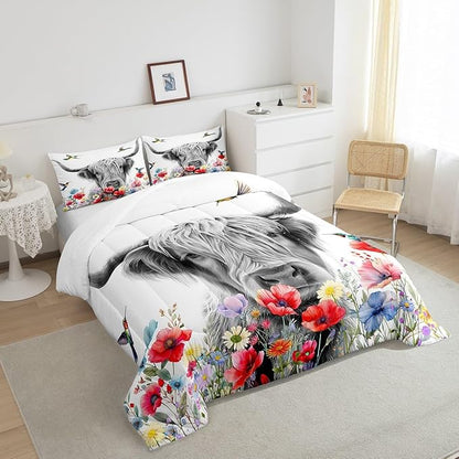 Highland Cow Comforter Set Full, Red Poppy Floral Bedding Set for Teens Boys Girls Adult, Hummingbird Western Funny Animals Quilt Set Cattle Bull Cattle Wild Animals Farmhouse Down Comforter
