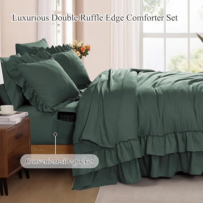 Queen Comforter Set Forest Green, Ruffle Shabby Chic Bedding Set Farmhouse 7 Pieces, All Season Fluffy Bed in a Bag with Sheets, Pillowcases & Shams