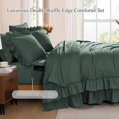 Full Comforter Set Forest Green, Ruffle Shabby Chic Bedding Set Farmhouse 7 Pieces, All Season Fluffy Bed in a Bag with Sheets, Pillowcases & Shams